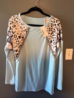 Light Blue Long-Sleeve Top with Animal Print Panels